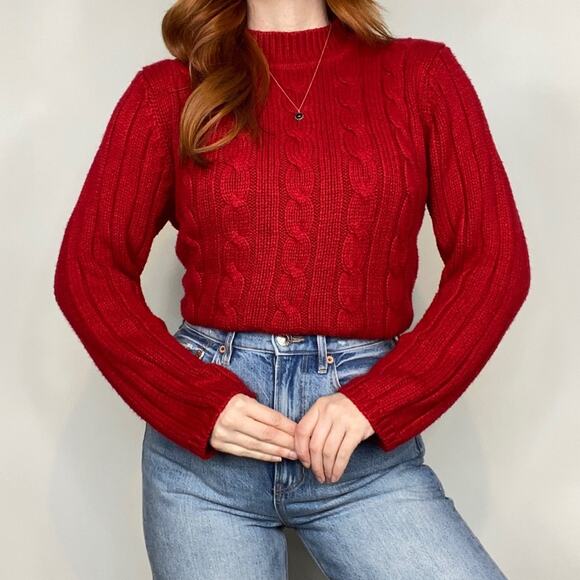 Vintage 90s Sag Harbor Petite Size Large Red Mockneck Cable Knit Sweater - Picture 3 of 11